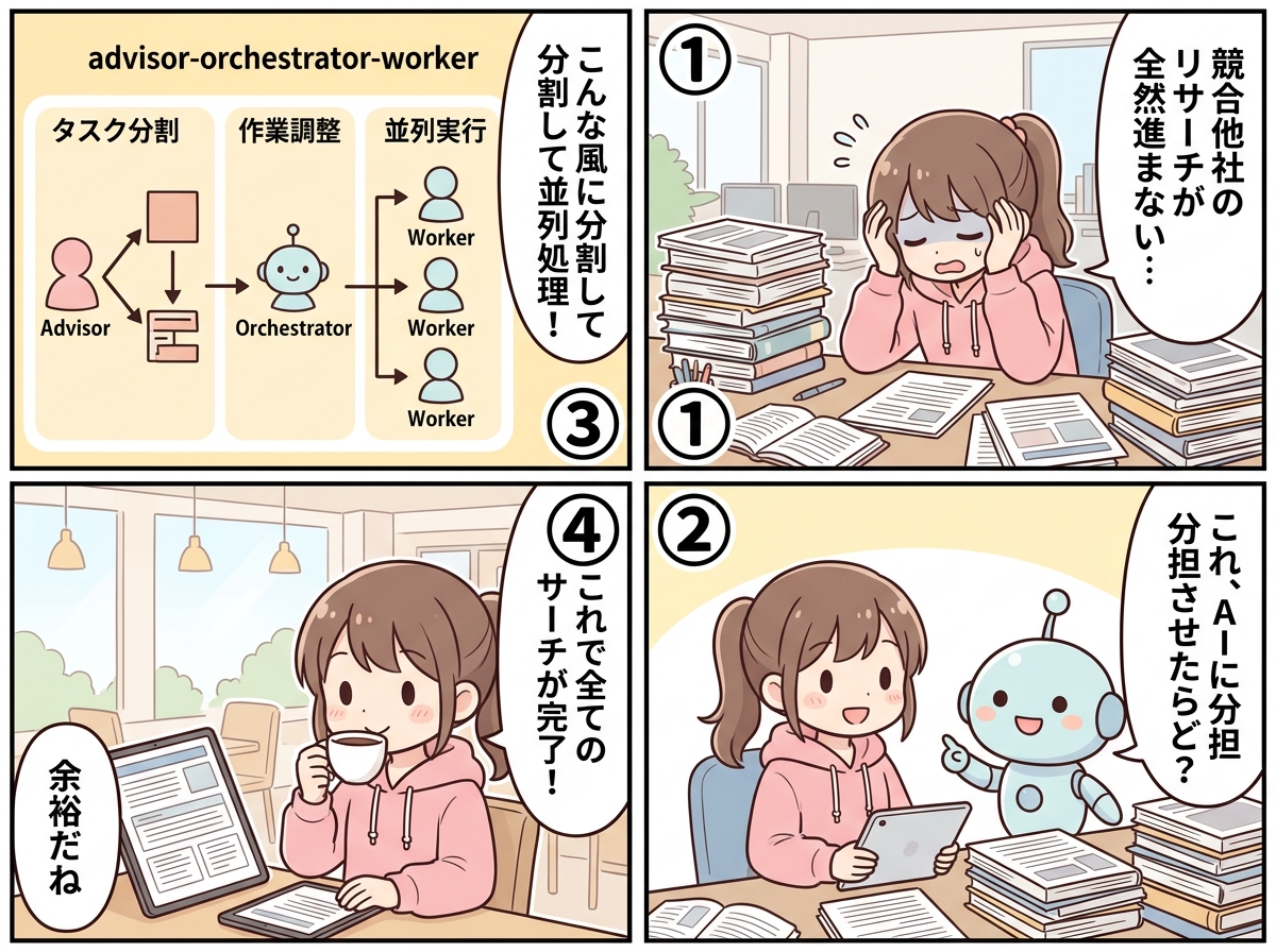 アドバイザー・オーケストレーター・ワーカーの紹介マンガ