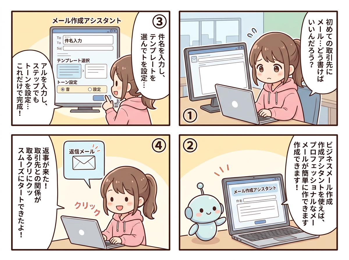 ビジネスメール作成アシスタントの紹介マンガ