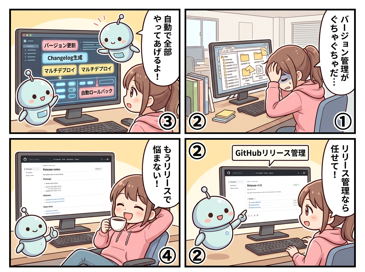 GitHubリリース管理の紹介マンガ